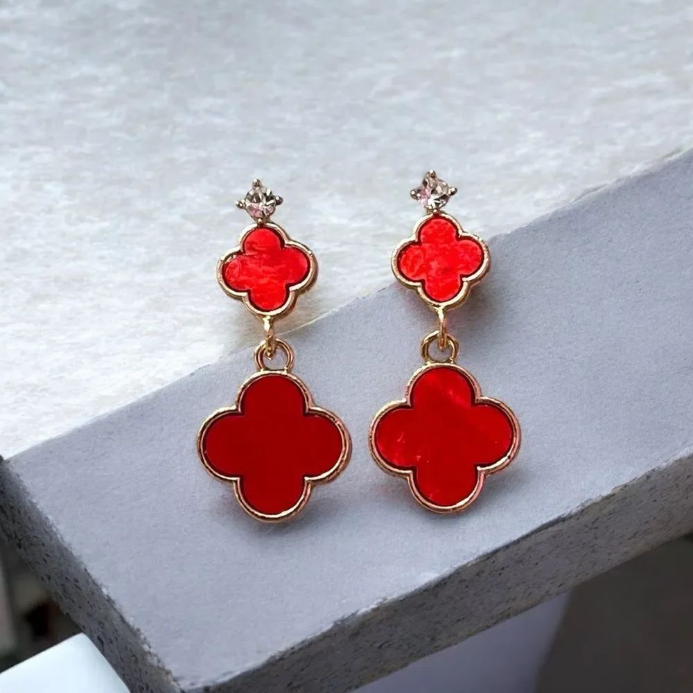 Designer Inspired Double Red Clover Gold Tone Dangle Earrings
